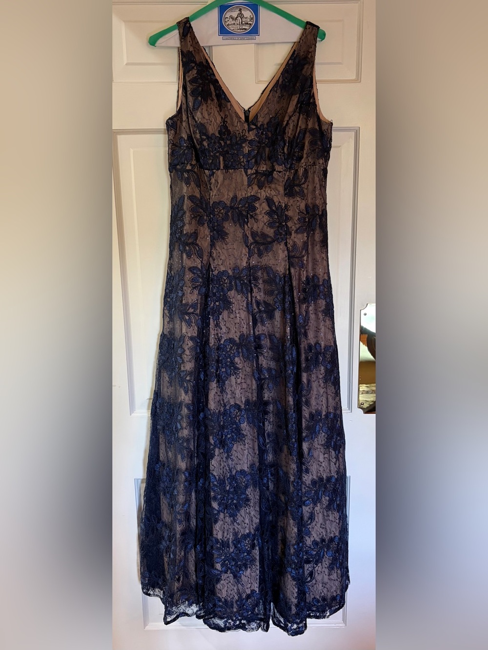 Aidan Mattox Navy Lace Formal Gown with Nude Underlayer